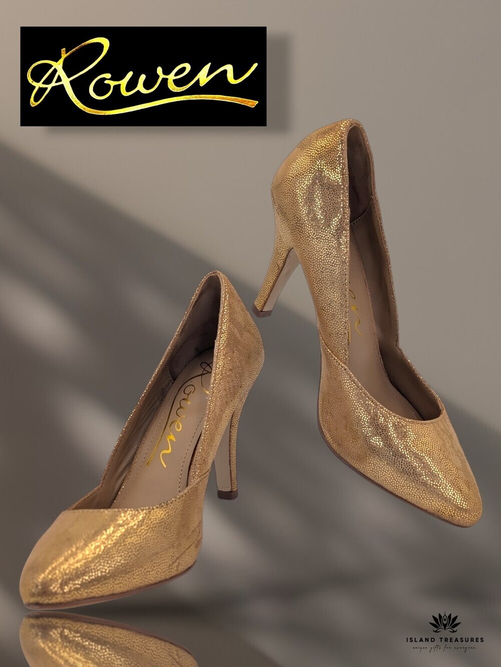 Rowen Gold Sz 7.5M Antique Gold Metallic Mico-Dot Leather Pointed-Toe Heel Pump